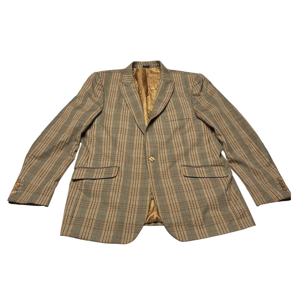 VTG Falcone Plaid Blazer Jacket Mens 46L Tan Brown Blue Check Single Button
